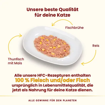 HFC-Rezeptur für Katzen: Thunfisch mit Mais, Reis und Fischbrühe. 100% Fleisch und/oder Fisch in Lebensmittelqualität. Alle Gewinne für den Planeten.