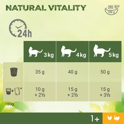 Feeding guide showing daily food amounts for cats: 3kg cat needs 35g dry or 10g dry plus 2.5 wet; 4kg cat 40g dry or 15g dry plus 2.5 wet; 5kg cat 50g dry or 15g dry plus 3.5 wet.