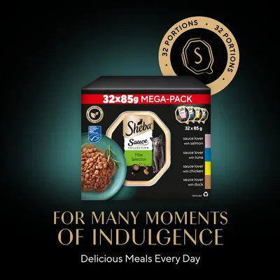 Sheba Sauce Collection Mega-Pack, 32 x 85g portions. Mix selection includes salmon, tuna, chicken and duck varieties. Text: For many moments of indulgence. Delicious meals every day.