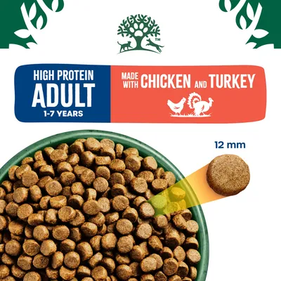 High protein adult food for ages 1-7 years, made with chicken and turkey. Kibble size shown as 12 mm.