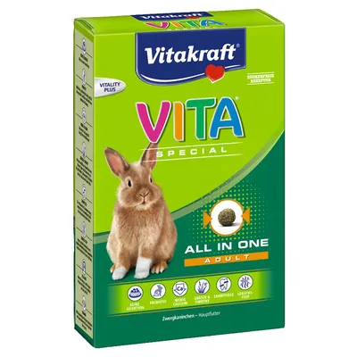 Vitakraft VITA Special All in One Adult, för dvärgkanin. Synliga ikoner: prebiotisk, lite kalcium, gräs & timotej, tandvård, luktstopp. Text: keine Selektion, Zwergkaninchen – Hauptfutter.