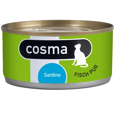 Konzerva cosma Sardine, zelený obal s bílým nápisem 'FISCH PUR' a siluetou kočky. Viditelný kovový materiál víčka i obalu.