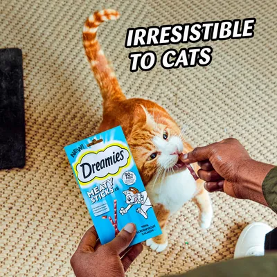 Person feeding a meaty stick treat from a Dreamies Meaty Sticks pack to a cat, with text stating 'Irresistible to cats' visible in the image.