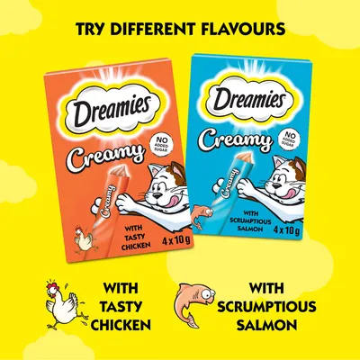 Dreamies Creamy available in two flavours: with tasty chicken and with scrumptious salmon, both with no added sugar. Each pack contains 4 x 10g sachets.