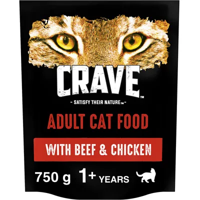 Crave adult cat food with beef and chicken, 750g, suitable for cats aged 1 year and over.