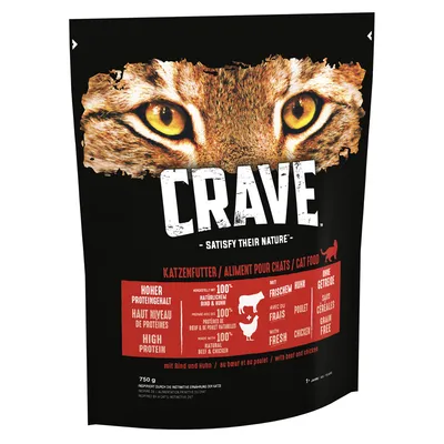 Crave cat food with high protein, made with 100% natural beef and chicken, with fresh chicken, grain free. 750g pack.