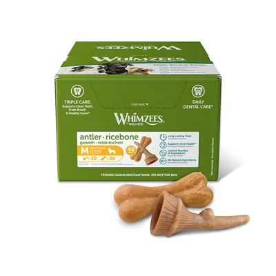 Boîte Whimzees Wellness antler ricebone, 40 friandises pour chiens adultes 12–18 kg, ingrédients naturels, nombre limité d’ingrédients, deux friandises visibles devant la boîte.