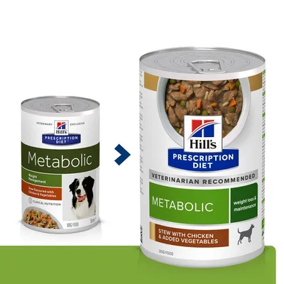 Hill's Prescription Diet Metabolic dog food, weight control, stew with chicken and vegetables. Veterinary recommended. Packaging change shown.