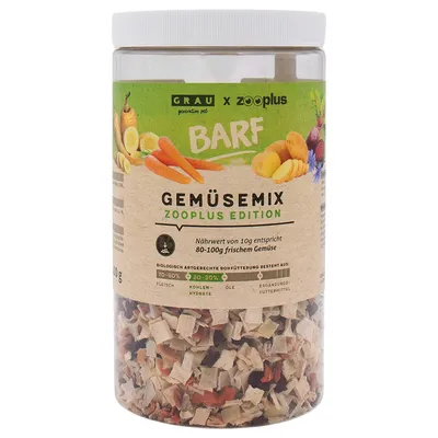 GRAU x Zooplus BARF Gemüsemix, Zooplus Edition. Nährwert von 10g entspricht 80-100g frischem Gemüse. Biologische Rohfütterung: Fleisch 70-80%, Kohlenhydrate 20-30%, Öle und Ergänzungsfuttermittel.