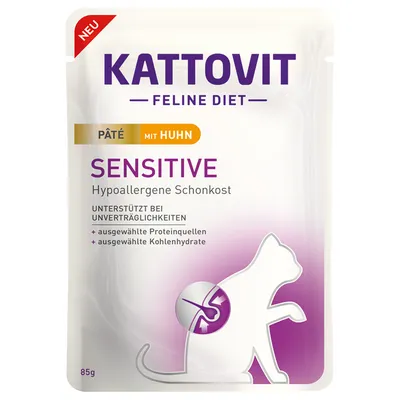 Kattovit Feline Diet Sensitive, pâté mit Huhn, Hypoallergene Schonkost, 85g. Texte en allemand : unterstützt bei Unverträglichkeiten, ausgewählte Proteinquellen, ausgewählte Kohlenhydrate.