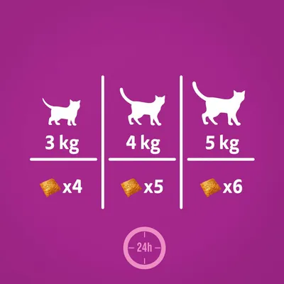 Ruokintaohje kissan painon mukaan: 3 kg – 4 kpl, 4 kg – 5 kpl, 5 kg – 6 kpl herkkupalaa vuorokaudessa (24h)