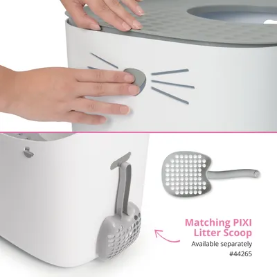Hand trycker på en grå knapp på en vit låda med kattmotiv. Nedan: grå ströskopa, information: Matchande PIXI Litter Scoop säljs separat, #44265. Hand trycker på en grå knapp på en vit låda med kattmotiv. Nedan: grå ströskopa, information: Matchande PIXI Litter Scoop säljs separat, #44265.