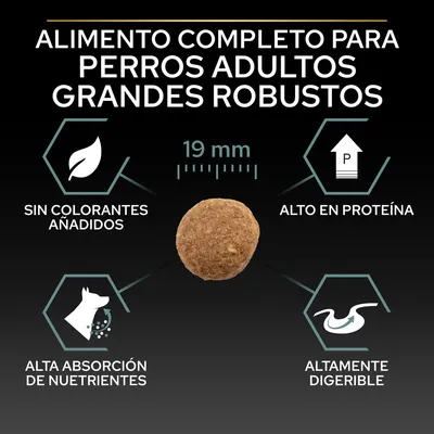 Alimento completo para perros adultos grandes robustos. Sin colorantes añadidos, alto en proteína, alta absorción de nutrientes, altamente digerible. Croqueta redonda de 19 mm.