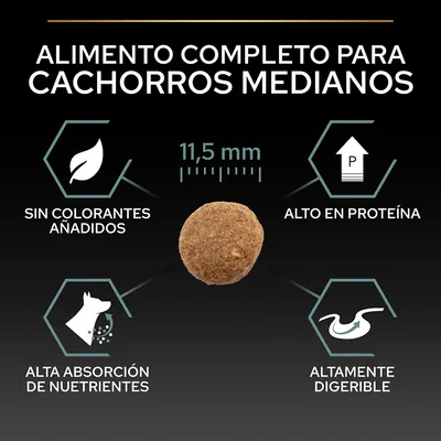 Alimento completo para cachorros medianos, croqueta de 11,5 mm. Sin colorantes añadidos, alto en proteína, alta absorción de nutrientes, altamente digerible.