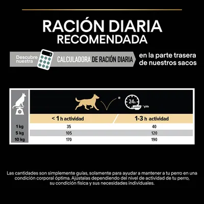 Tabla de ración diaria recomendada para perros: menos de 1 h actividad, 1 kg 35 g, 5 kg 105 g, 10 kg 170 g; 1–3 h actividad, 1 kg 40 g, 5 kg 120 g, 10 kg 190 g.