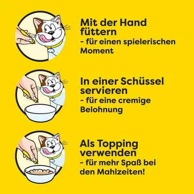 Drei Fütterungsoptionen: Mit der Hand füttern für spielerischen Moment, in einer Schüssel servieren für cremige Belohnung, als Topping verwenden für mehr Spass bei Mahlzeiten.