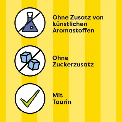 Ohne Zusatz von künstlichen Aromastoffen, ohne Zuckerzusatz, mit Taurin.