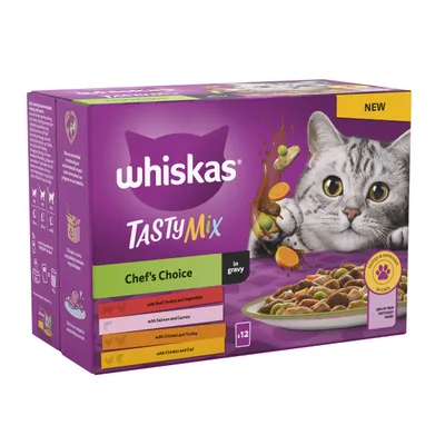 Whiskas TastyMix Chef's Choice in gravy, 12 pack with beef, poultry, vegetables, salmon, carrots, chicken, turkey, and cod. Label states tested and approved by cats.