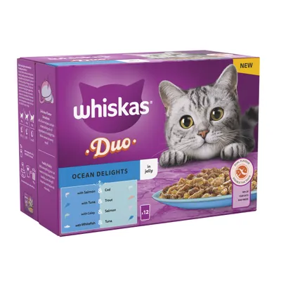 Whiskas Duo Ocean Delights in jelly, 12-pack with salmon and cod, tuna and trout, coley and salmon, whitefish and tuna. Dual flavour. New product.