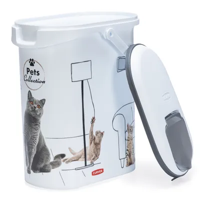 Curver Pets Collection foderbehållare med kattmotiv, vit behållare med lock och stängning.