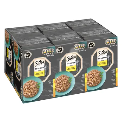 Sheba Selection Geflügel Variation, balení 12 × 85 g. Na obalu miska s krmivem pro kočky a obrázek kočky. Viditelné různé varianty v malých ikonách.