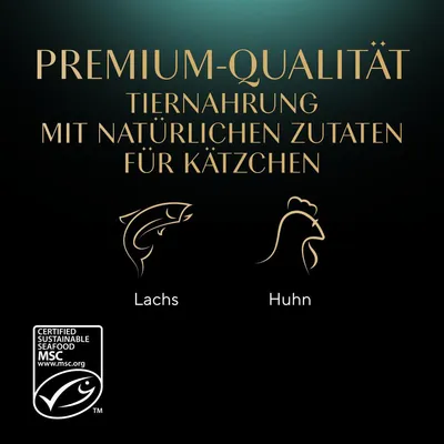 Prémium minőségű állateledel természetes összetevőkkel kiscicáknak. Összetevők: lazac, csirke. MSC tanúsított fenntartható tenger gyümölcsei.