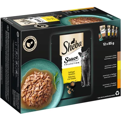 Sheba Sauce Collection Wariant z drobiem, 12 x 85 g, z naturalnymi i wysokiej jakości składnikami. Smaki: kaczka, kurczak, drób, indyk. 100% papier nadający się do recyklingu. Sheba Sauce Collection Wariant z drobiem, 12 x 85 g, z naturalnymi i wysokiej jakości składnikami. Smaki: kaczka, kurczak, drób, indyk. 100% papier nadający się do recyklingu.
