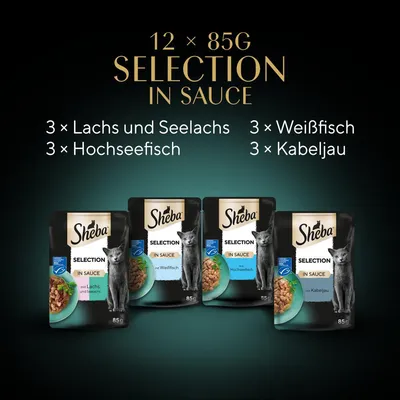 Sheba Selection in Sauce 12 x 85 g : 3 x Lachs und Seelachs, 3 x Hochseefisch, 3 x Weißfisch, 3 x Kabeljau. Texte en allemand sur l’emballage.