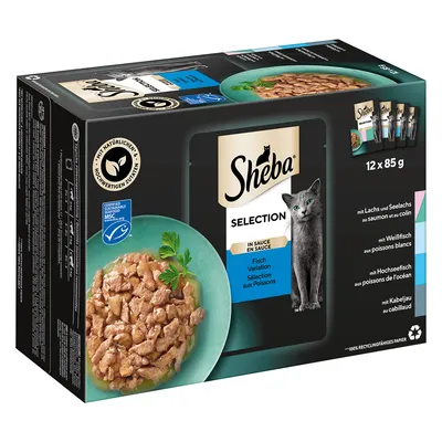 Sheba Selection Fiskvariation i sås, 12 x 85 g. Med lax, sej, vitfisk, havsfisk och torsk. Certifierade hållbara ingredienser, 100 % återvinningsbart papper.