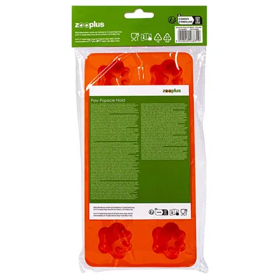 Zooplus Paw Popsicle Mold narancssárga, szilikon forma mancs mintával házi készítésű kutyafalatokhoz. A csomagolás termékinformációkat és újrahasznosítási utasításokat mutat.