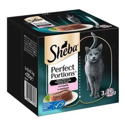Sheba Perfect Portions kattenvoer, edele paté met zalm, 3 x 75 g. MSC-keurmerk zichtbaar op verpakking.