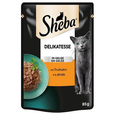 Sheba Delikatesse in Gelee mit Truthahn, 85g. Verpackung zeigt Produktabbildung und Zutaten.