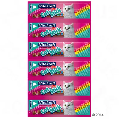 Vitakraft Cat Stick mini kattgodis, 6 stänger i rosa förpackning med vit katt och texten '+TAURIN'. Synlig varning: 'Endast som belöning/intygsstick/berika'.