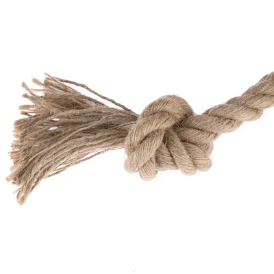 Natursnor med knude og frynset ende, lavet af groft flettet rebmateriale. Ingen synlige mærker eller tekst.