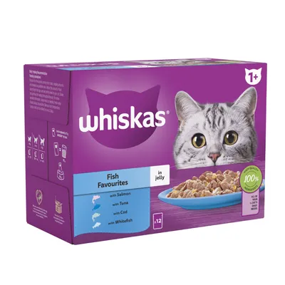 Whiskas Fish Favourites in jelly, selection includes salmon, tuna, cod and whitefish, 12 servings, suitable for age 1+, made with 100% high quality ingredients.
