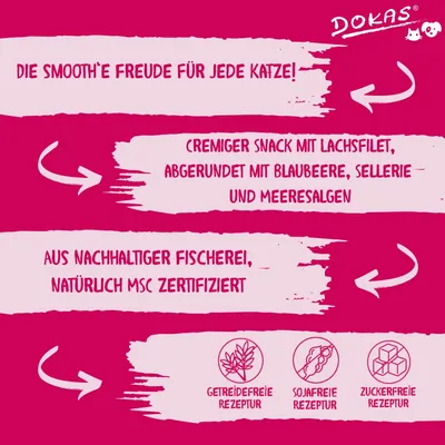 Dokas. Cremiger Snack mit Lachsfilet, Blaubeere, Sellerie und Meeresalgen. Aus nachhaltiger Fischerei, MSC zertifiziert. Getreidefreie, sojafreie und zuckerfreie Rezeptur.