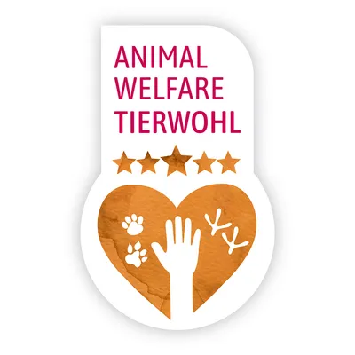 ANIMAL WELFARE TIERWOHL, pet zvezdic, oranžno srce z odtisom roke, tačk in ptičje noge. Besedilo v angleščini in nemščini.