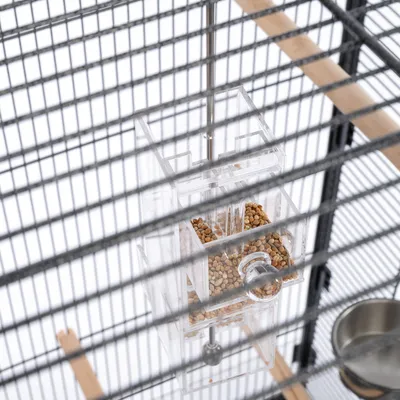 Distributeur transparent en plastique rempli de graines, fixé à l’intérieur d’une cage à oiseaux en métal, avec perchoirs en bois et gamelle métallique visibles.