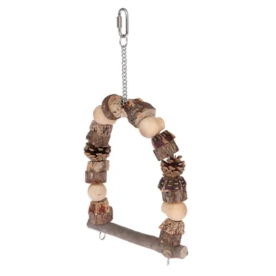 Perchoir en bois naturel avec morceaux de bois, pommes de pin et chaîne métallique pour suspension, crochet inclus, sans marque visible.