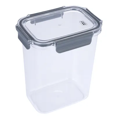 Transparente voorraadbus met grijze sluiting en Trixie-logo op het deksel, geschikt voor het bewaren van dierenvoer.