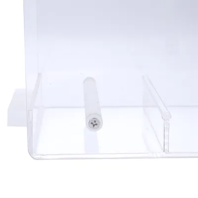Transparent plastic holder with a white screw and a cylindrical rod, suitable for mounting or fastening.