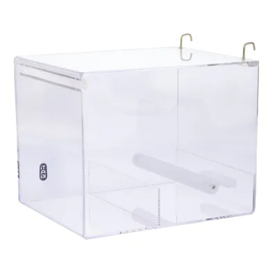 Transparent plastic box with two gold hooks on top and a white rod inside. Brand: Itai.