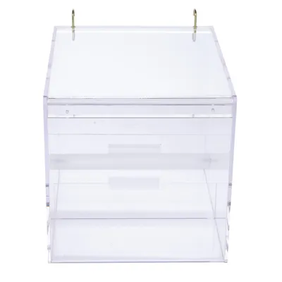 Transparent box made of plexiglass with two metal hooks on top, suitable for hanging.