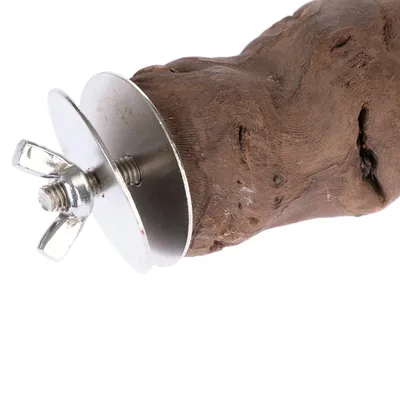 Wooden piece with metal bracket and wing screw for fastening, suitable for cages or aviaries.