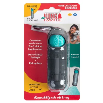 KONG HandiPOD Mini Flashlight Dispenser, 2-in-1 zakjesdispenser met LED-zaklamp. Batterijen inbegrepen. Maten S/M. Handig voor wandelingen, inclusief afvalzakjes.