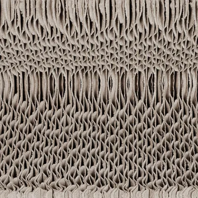 Gros plan sur une structure en carton ondulé, matériau visible utilisé pour certains griffoirs ou accessoires pour animaux.