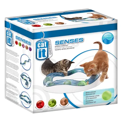 Catit Senses Tempo-Spielschiene mit beweglichem, beleuchtetem Ball. Verpackung zeigt zwei Katzen beim Spielen und Produktdetails.