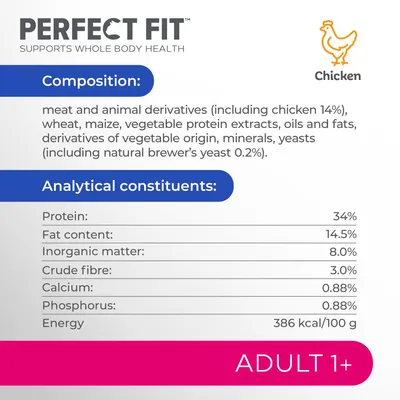 Composition: meat and animal derivatives including chicken 14%, wheat, maize, vegetable protein extracts, oils, minerals, yeasts. Protein 34%, fat 14.5%, energy 386 kcal/100g. Adult 1+.