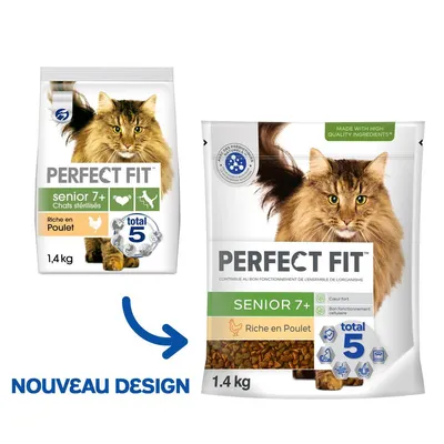 Deux sachets de croquettes Perfect Fit Senior 7+ Chats stérilisés, riche en poulet, 1,4 kg, ancien et nouveau design. Texte : total 5, cœur fort, bon fonctionnement cellulaire, nouveau design.