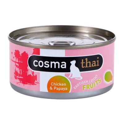 Konzerva cosma thai Chicken & Papaya, EXOTISCH LEICHT FRUITS. Růžový obal s obrázkem kočky a palem.